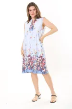 Kadın Büyük Beden Mavi V Yakalı Desenli Kolsuz Elbise 65N37873