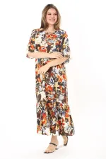 Kadın Büyük Beden Mavi Dokuma Viskon Kumaş Eteği Katlı Kısa Kollu Elbise 65N37868