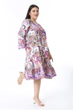 Kadın Büyük Beden Lila Ön Patı Düğmeli Volan Kollu Etek Ucu Katlı Elbise 65N38484