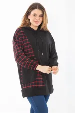Kadın Büyük Beden Siyah Ekose Garnili Kapşonlu Sweatshirt 65N37289