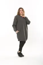 Kadın Büyük Beden Füme İçi Şardonlu 3 İplik Yan Cepli Uzun Sweatshirt 65N37494