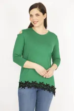 Kadın Siyah Büyük Beden Tek Omuz Dekolteli Etek Ucu Dantel Bluz