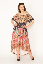 KADIN RENKLİ MADONNA YAKA ARKASI UZUN RENKLİ ELBİSE