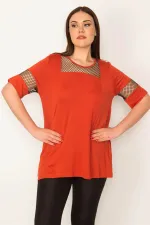 KADIN ORANJ FİLE DETAYLI VİSKON BLUZ