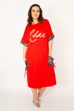 Kadın Kırmızı Cep Ve Kolu File Detaylı Taş Baskılı Viskon Elbise 65N33166