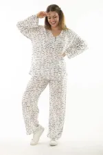 Kadın Büyük Beden Kemik Dokuma Viskon Kumaş Ön Fermuarlı Bluz Pantolon İkili Takım 65N37005