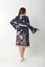 Kadın Büyük Beden Lacivert Anvelop Yakalı Bel Büzgülü Uzun Elbise 65N37550