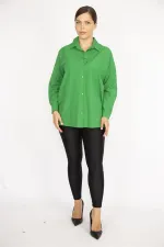 Kadın Büyük Beden Yeşil Ön Düğmeli Uzun Kollu Gömlek 65N37037