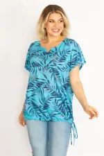 Kadın Mavi Taş Detaylı Etek Ucu Tünel Bağcıklı Bluz 65N34629