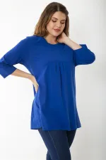 Kadın Büyük Beden Kemik Pamuklu Kumaş Pile Detaylı Kapri Kollu Bluz 65N37225