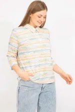 Kadın Renkli Büyük Beden Pamuklu Kumaş Ön Pat Fermuarlı Renkli Bluz 65N35570