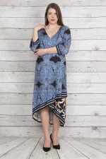 Kadın Mavi Anvelop Yakalı Desenli Uzun Elbise 65N23192