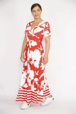 Kadın Kırmızı Büyük Beden Anvelop Yakalı Uzun Elbise