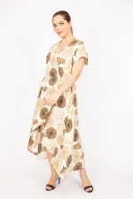 Kadın Bej Büyük Beden Dokuma Viskon Kumaş Eteği Anvelop Beli Lastikli Elbise 65N35832