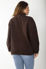 Kadın Büyük Beden Kahve İçi Şardonlu Ön Pat Fermuarlı Nakışlı Sweatshirt 65N37202