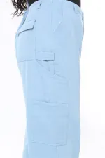 Kadın Büyük Beden Mavi Yüksek Bel Kargo Cepli Geniş Paçalı Kot Pantolon 65N38896