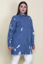 Kadın Mavi Yırtık Detaylı Salaş Kesim Oversize Kot Tunik Ceket 65N28046