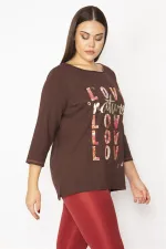 Kadın Kahve Pamuklu Kumaş Lak Baskılı Kapri Kollu Bluz 65N29499