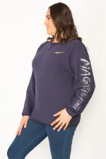 Women's Navy Blue Cotton Fabric Sleeve Applique Sweatshirt 65N31025