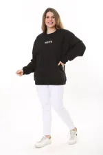 Kadın Büyük Beden Siyah Pamuk Kumaş Nakış Yazılı Sweatshirt 65N37616