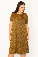 KADIN HARDAL İNCE KREP KUMAŞ KISA KOLLU DESENLİ ELBİSE