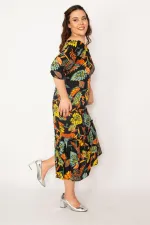 Kadın Renkli Yaka Lastikli Etek Ucu Katlı Dokuma Viskon Kumaş Elbise 65N33188