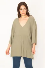 Kadın Yeşil V Yakalı Yarasa Kol Likralı Tunik 65N32443