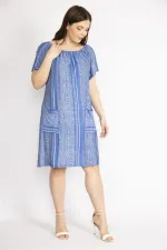 Kadın Mavi Büyük Beden Yakası Lastik Detaylı Ön Cepli Elbise