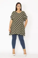 Kadın Haki V Yakalı Duble Kollu Puan Desenli Tunik 65N35337