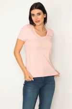 WOMEN'S PINK COTTON FABRIC V-NECK BLOUSE