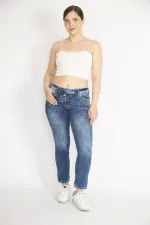 Kadın Lacivert Büyük Beden Nakış Detaylı Yıkama Efektli Likralı Kot Panyolon