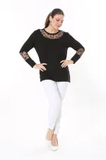 Kadın Büyük Beden Siyah Taş Ve Pul Payet Tül Detaylı Uzun Kollu Bluz 65N37693