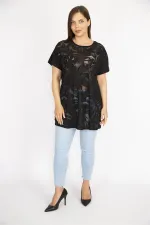 Kadın Beyaz Büyük Beden Önü Flok Bisiklet Yakalı Kısa Kollu Bluz