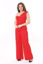 Kadın Büyük Beden Kırmızı Likralı Krep Kumaş Tek Omuz Ve Bel Detaylı Tulum 65N37954