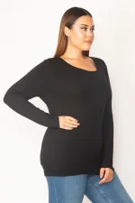 Kadın Büyük Beden Lacivert Pamuklu Kumaş Bisiklet Yakalı Uzun Kollu Bluz 65N37715