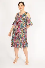 Kadın Fujya Büyük Beden Omuz Dekolteli Dokuma Viskon Kumaş Yan Cepli Elbise