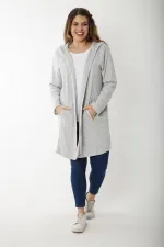 Kadın Büyük Beden Gri Kup Ve Vep Detaylı Kapşonlu Hırka 65N37183