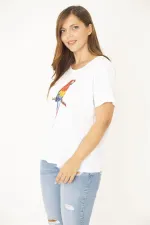 Kadın Büyük Beden Beyaz Pamuk Kumaş Ön Baskılı Bluz 65N36938