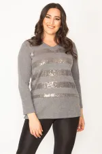 Kadın Gri Pul Payet Detaylı V Yaka Bluz 65N30407