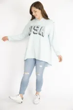 Kadın Bebe Mavisi Büyük Beden Payet Detaylı Kapşonlu Arkası Uzun Sweatshirt