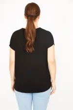 Kadın Siyah Büyük Beden Taş Ve Suni Deri Garnili Düşük Kollu Bluz