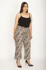Kadın Kahve Likralı Gabardin Kumaş Geniş Paçalı Desenli Bilek Boy Pantolon 65N26184