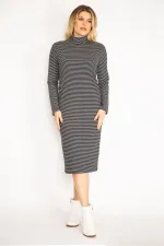 Kadın Siyah Balıkçı Yaka Çizgi Detaylı Viskon Elbise 85N7268