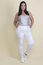 Kadın Beyaz Lak Desenli Bel Lastikli Cepli Pantolon 65N17892