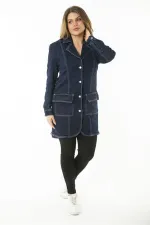 MANTEAU FEMME EN DENIM LYCRA BLEU MARINE AVEC BOUTON ET POCHE DEVANT