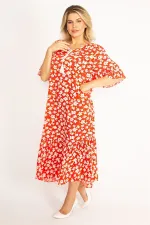 Kadın Kırmızı Dokuma Viskon Kumaş Volan Kollu Etek Ucu Katlı Elbise 65N34435