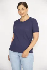 Kadın Lacivert Büyük Beden Kendinden Çizgili Kısa Kollu Bluz