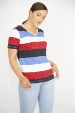 Kadın Renkli Büyük Beden Pamuklu Kumaş V Yakalı Kısa Kollu Bluz