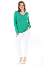 Kadın Büyük Beden Saks V Yakalı Taş Detaylı Uzun Kollu Bluz 65N37153