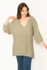 Kadın Yeşil V Yakalı Yarasa Kol Likralı Tunik 65N32443